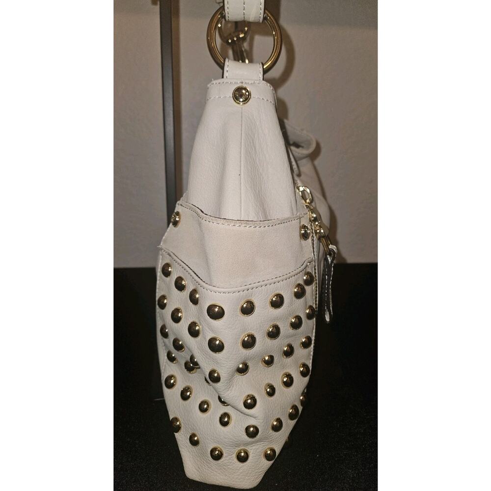 B Makowsky Leather Gold Studded Cream Handbag 14x10 - Picture 6 of 11